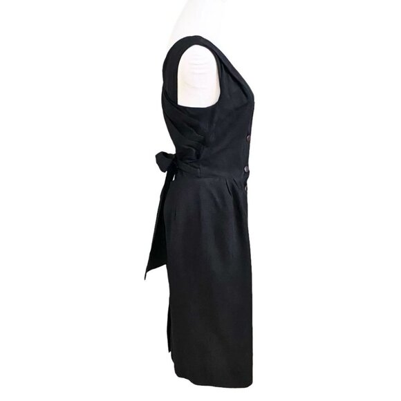 JEAN-CLAUDE POITRAS 100% SILK BLACK SLEEVELESS BUTTON FRONT BELTED MIDI DRESS - Picture 5 of 10